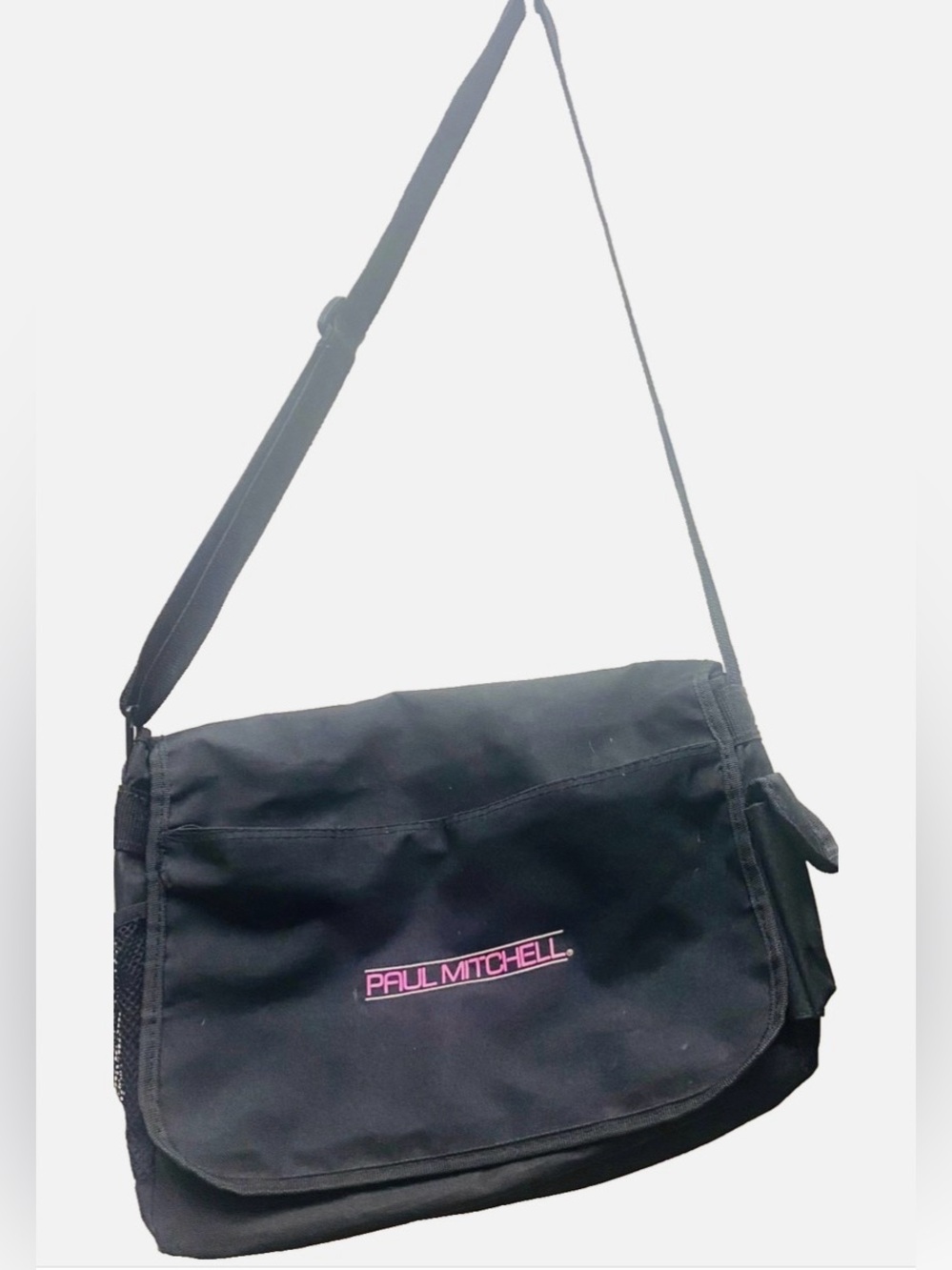 Paul Mitchell Black Messenger Bag with Pink Logo Embroidery